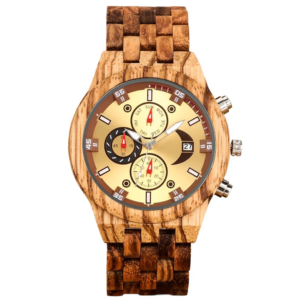 chronograph calendar round dial quartz watch for men folding clasp wooden bangle male watches vintage natural men's timepiece Golden wooden chronograph watch