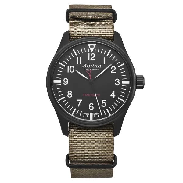 alpina mens startimer pilot black dial brown canvas strap quartz watch al 235b4fbs6 (1)
