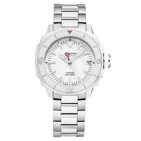 alpina womens comtesse white mother of pearl dial stainless steel bracelet quartz watch al 240mpw2vc6b