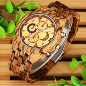 chronograph calendar round dial quartz watch for men folding clasp wooden bangle male watches vintage natural men's timepiece