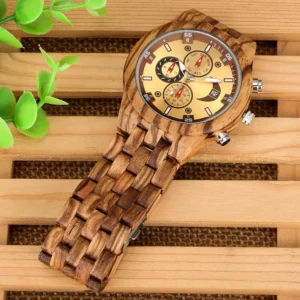 chronograph calendar round dial quartz watch for men folding clasp wooden bangle male watches vintage natural men's timepiece