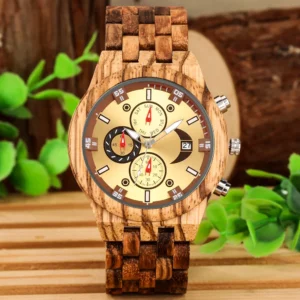 chronograph calendar round dial quartz watch for men folding clasp wooden bangle male watches vintage natural men's timepiece