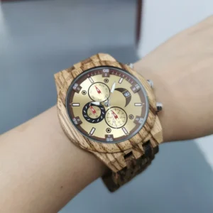 chronograph calendar round dial quartz watch for men folding clasp wooden bangle male watches vintage natural men's timepiece