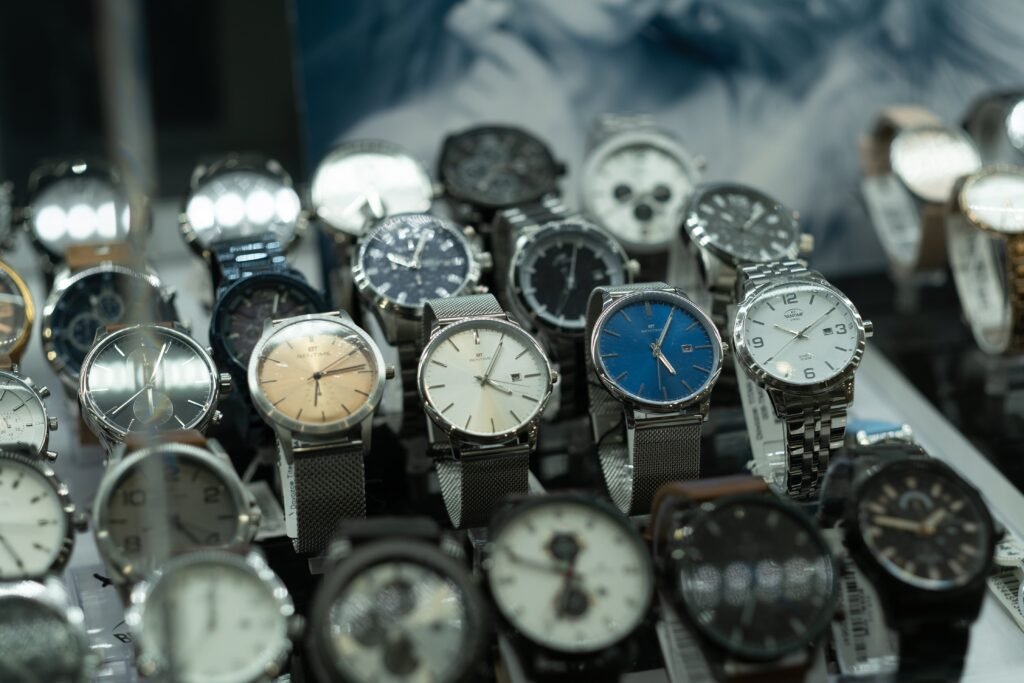 variety of watches lined up in rows variety of watches lined up in rows