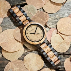 men's wood watch with genuine leaf, bobo bird watch, leaves face original wooden clock, engraved watch, anniversary custom gift