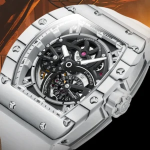 bonest gatti men's mechanical watch barrel shaped carbon fiber case rubber strap high end skeleton automatic watch