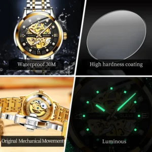 olevs 9901 mens watchluxury hollowing mechanical wristwatch waterproof luminous stainless steel fashion automatic watch for man