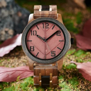 men's wood watch with genuine leaf, bobo bird watch, leaves face original wooden clock, engraved watch, anniversary custom gift