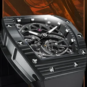 bonest gatti men's mechanical watch barrel shaped carbon fiber case rubber strap high end skeleton automatic watch