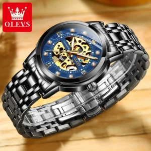 olevs 9901 mens watchluxury hollowing mechanical wristwatch waterproof luminous stainless steel fashion automatic watch for man