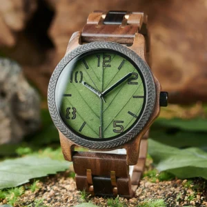 men's wood watch with genuine leaf, bobo bird watch, leaves face original wooden clock, engraved watch, anniversary custom gift