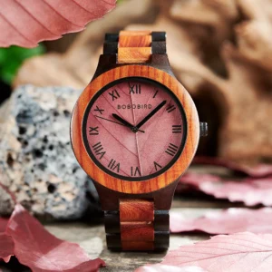 men's wood watch with genuine leaf, bobo bird watch, leaves face original wooden clock, engraved watch, anniversary custom gift