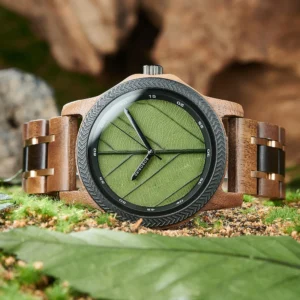 men's wood watch with genuine leaf, bobo bird watch, leaves face original wooden clock, engraved watch, anniversary custom gift