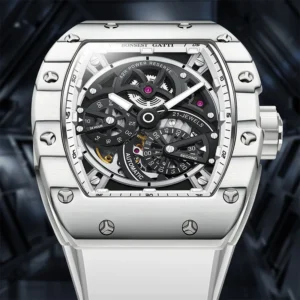 bonest gatti men's mechanical watch barrel shaped carbon fiber case rubber strap high end skeleton automatic watch