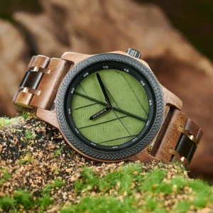 men's wood watch with genuine leaf, bobo bird watch, leaves face original wooden clock, engraved watch, anniversary custom gift