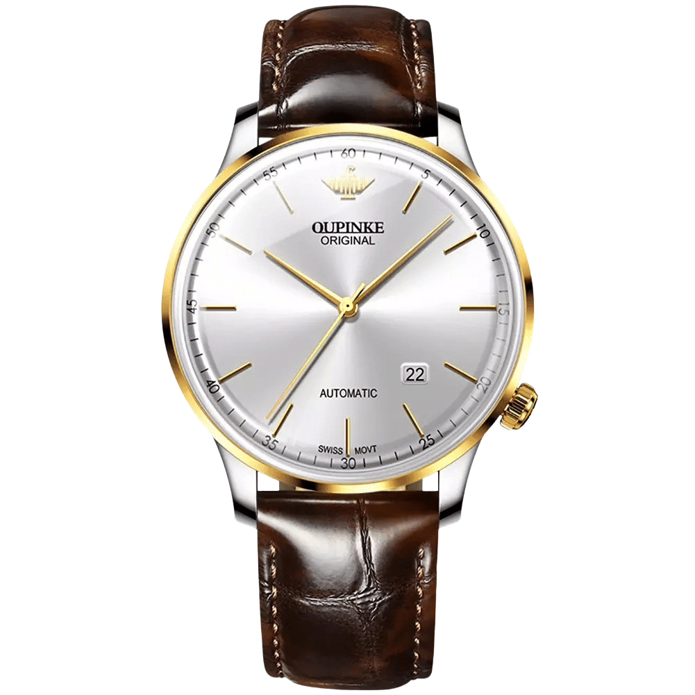 oupinke 3269 swiss automatic mechanical wristwatch man leather strap ultra thin 7.3 mm sapphire mirror top luxury watch for men Silver automatic watch with leather strap