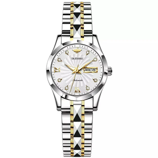 oupinke 3169 womens watch luxury elegant tungsten steel automatic mechanical watch waterproof luminous ladies day date watch Silver and gold automatic watch