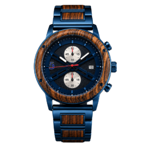 Blue wood analog chronograph watch