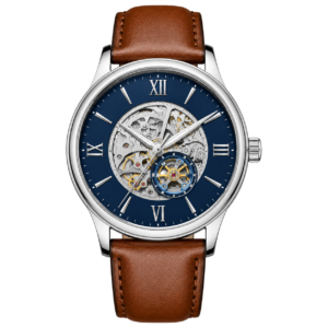 Blue skeleton watch brown strap