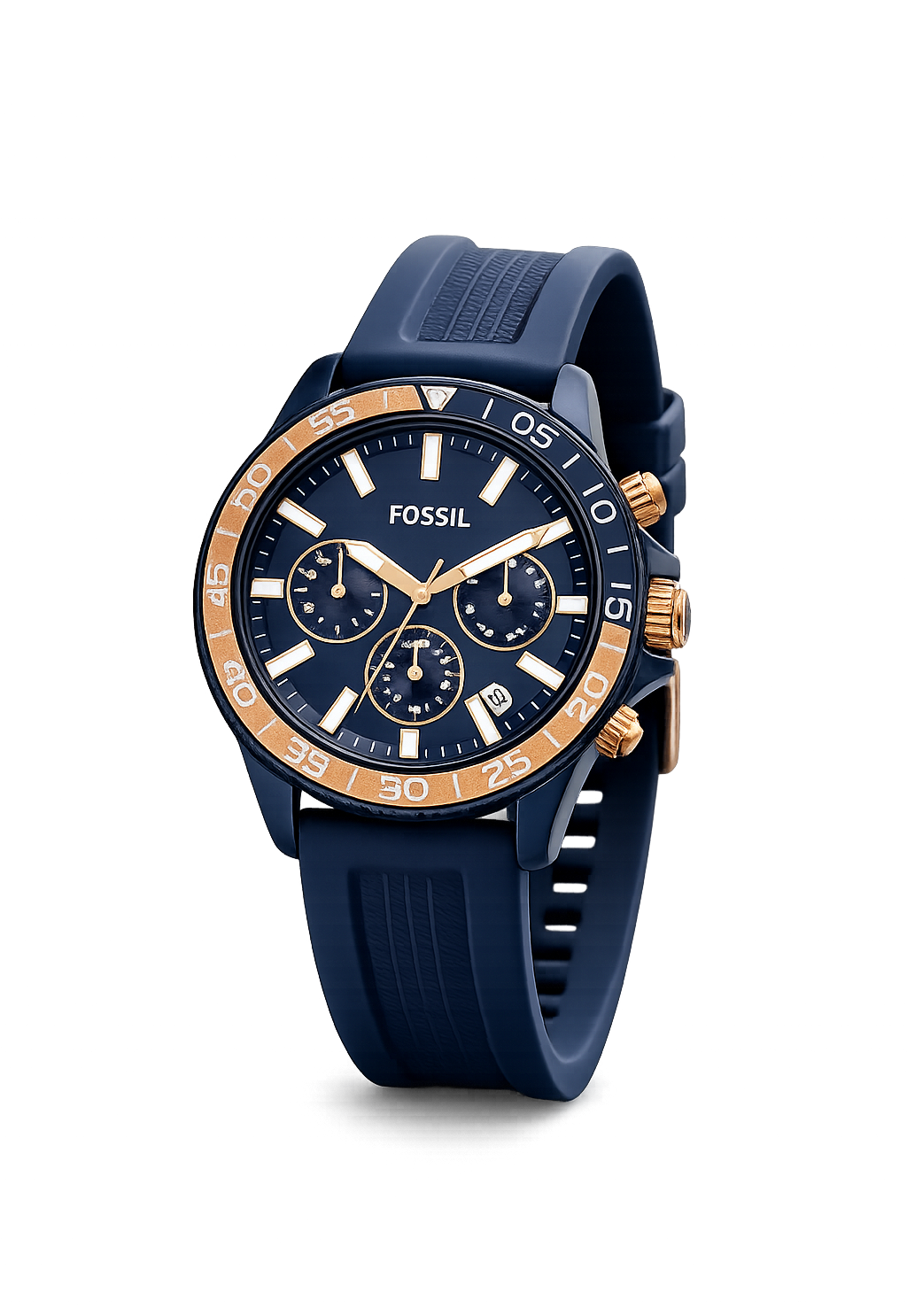 fossil men's sport chronograph watch blue silicone strap rose gold bezel multifunction quartz day date display gift for friend Dark blue sport watch