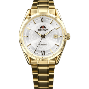 gold automatic watch with white dial