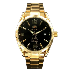 Gold watch with black face