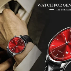 Red dress watch on wrist