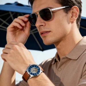 Man adjusts sunglasses, wears watch.