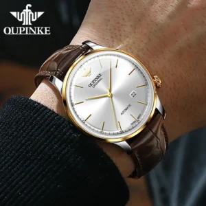 Silver automatic watch with leather strap
