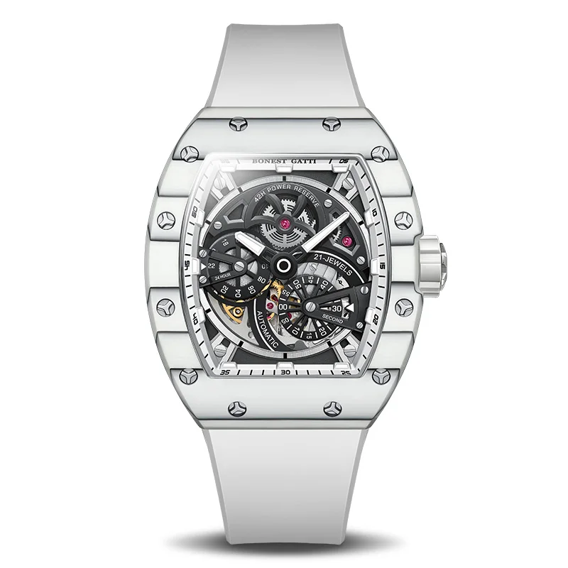 bonest gatti men's mechanical watch barrel shaped carbon fiber case rubber strap high end skeleton automatic watch White automatic skeleton watch