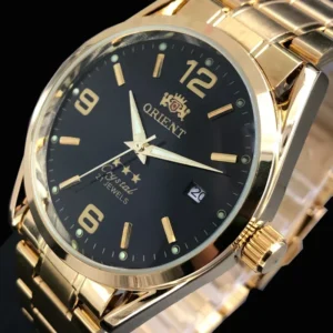 gold watch with black dial