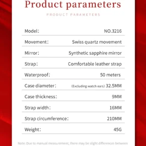 Product parameters chart with details