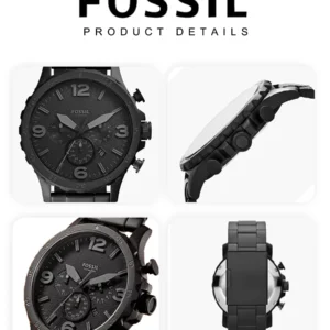 Black Fossil chronograph watch details.