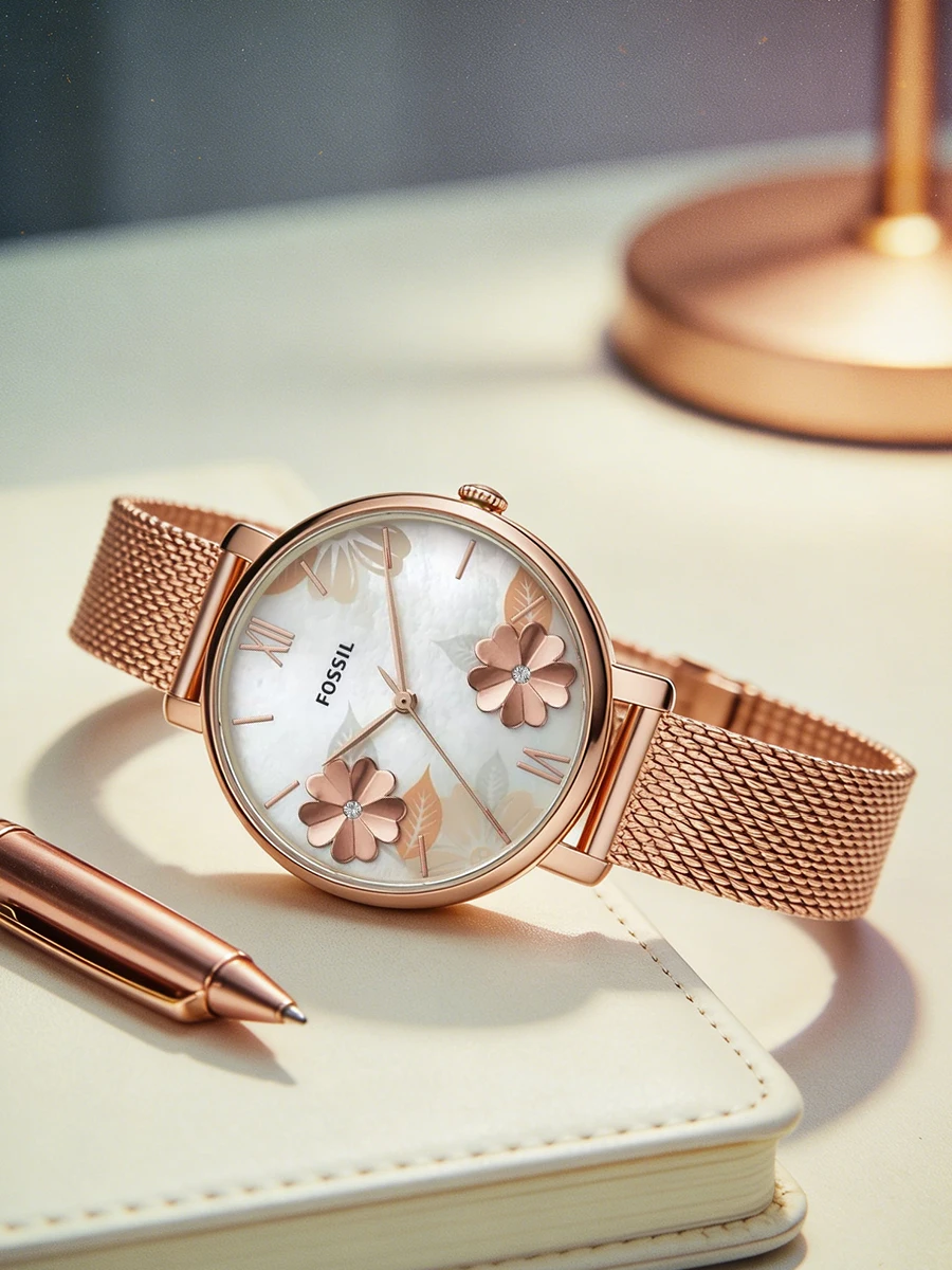 fossil es4534 luxury rose gold women watches stainless steel mesh strap quartz wristwatch mother of pearl clock reloj mujer Rose gold floral watch