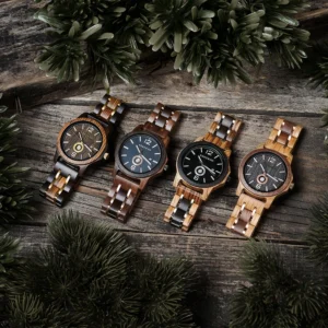 Wooden watches on rustic wood