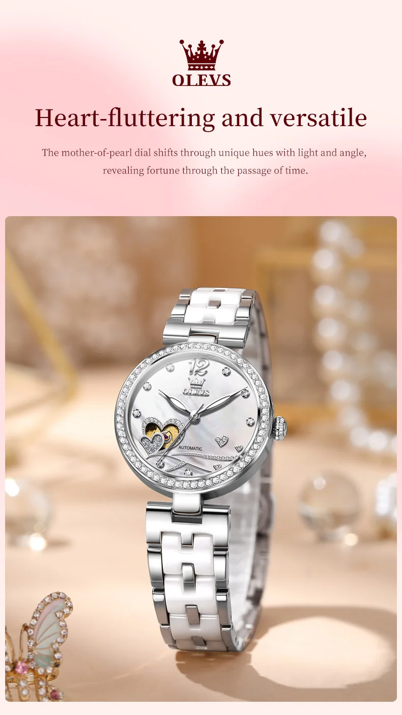 olevs fashion ceramic skeleton women mechanical watches new luxury automatic watch ladies original waterproof lady wrist watch Silver heart dial watch