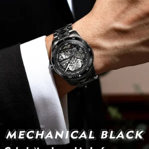 Black mechanical watch on wrist