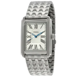 Silver rectangular watch with Roman numerals