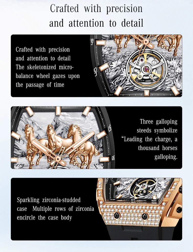 bonest gatti german automatic mechanical watch for men business fashion silicone strap luminous waterproof Detailed watch with horses