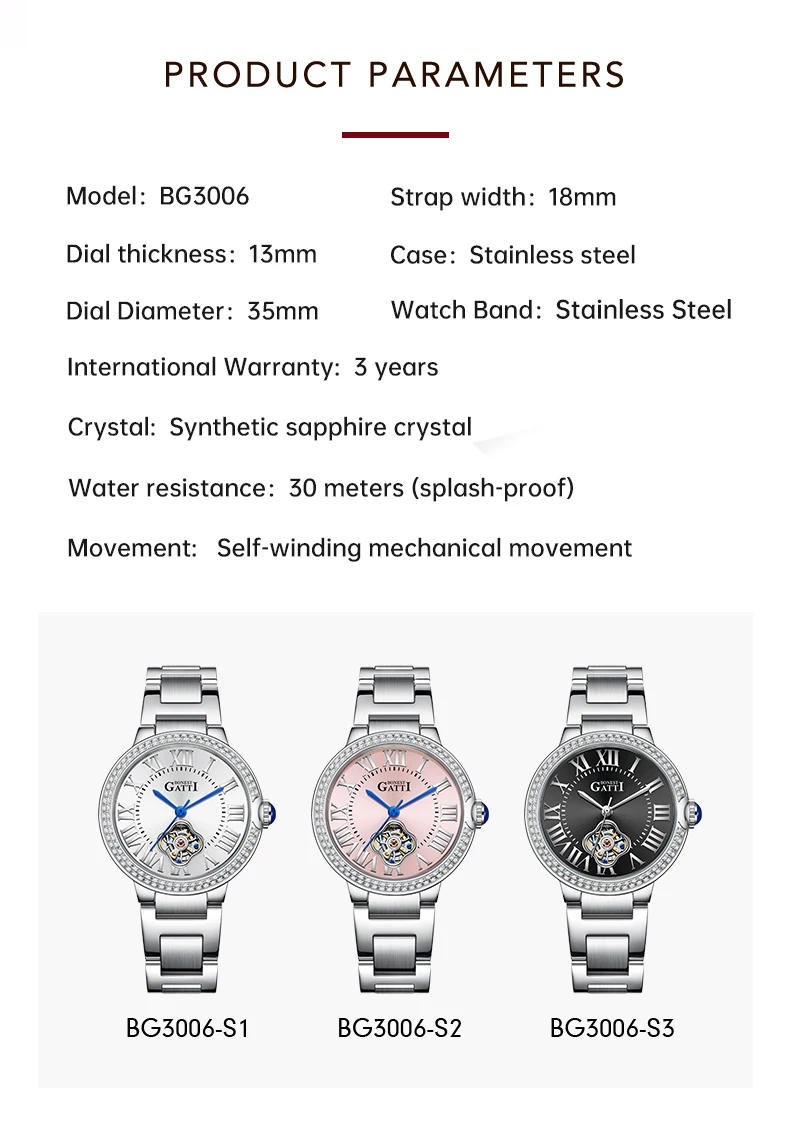 bonest gatti high quality watches women's automatic mechanical watch stainless steel round dial luminous waterproof wristwatch Three watches displayed.