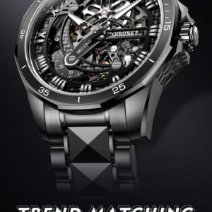 Skeleton mechanical watch with black band