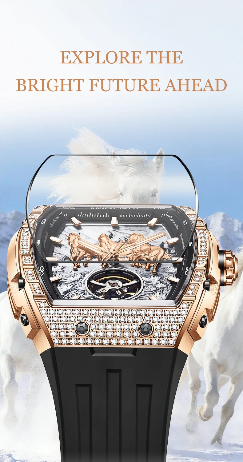 bonest gatti german automatic mechanical watch for men business fashion silicone strap luminous waterproof Luxury watch with horses.