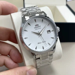 Silver automatic watch with white face