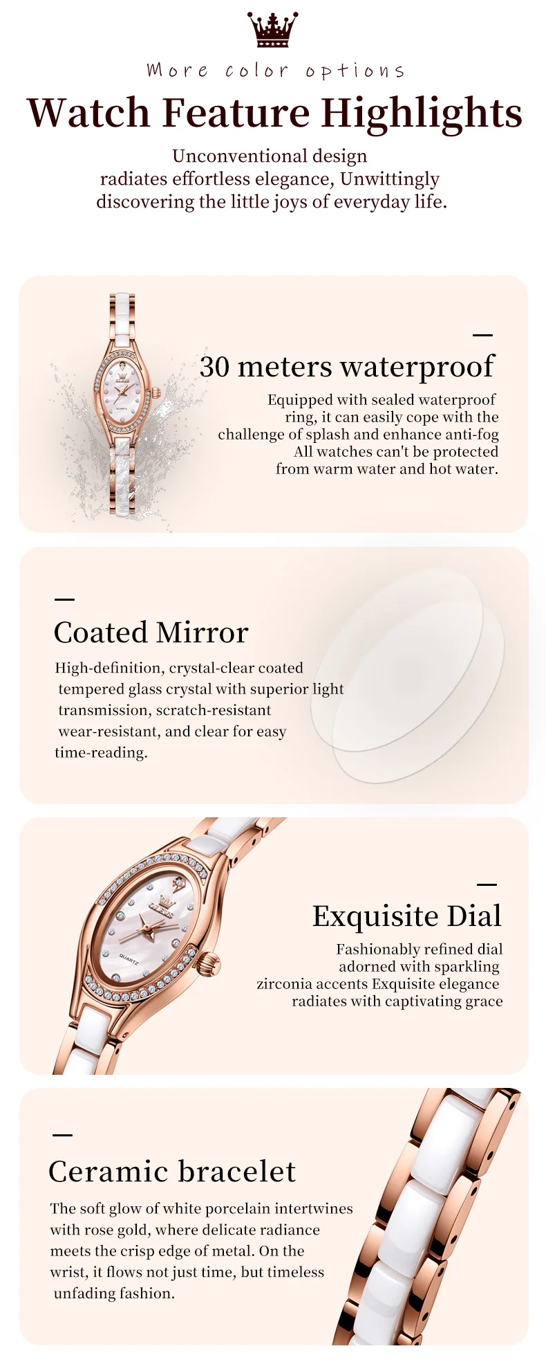 olevs brand new quartz watch for woman elegant luxury ceramics steel strap fashion oval diamond dial women's waterproof watches Elegant ceramic rose gold watch.