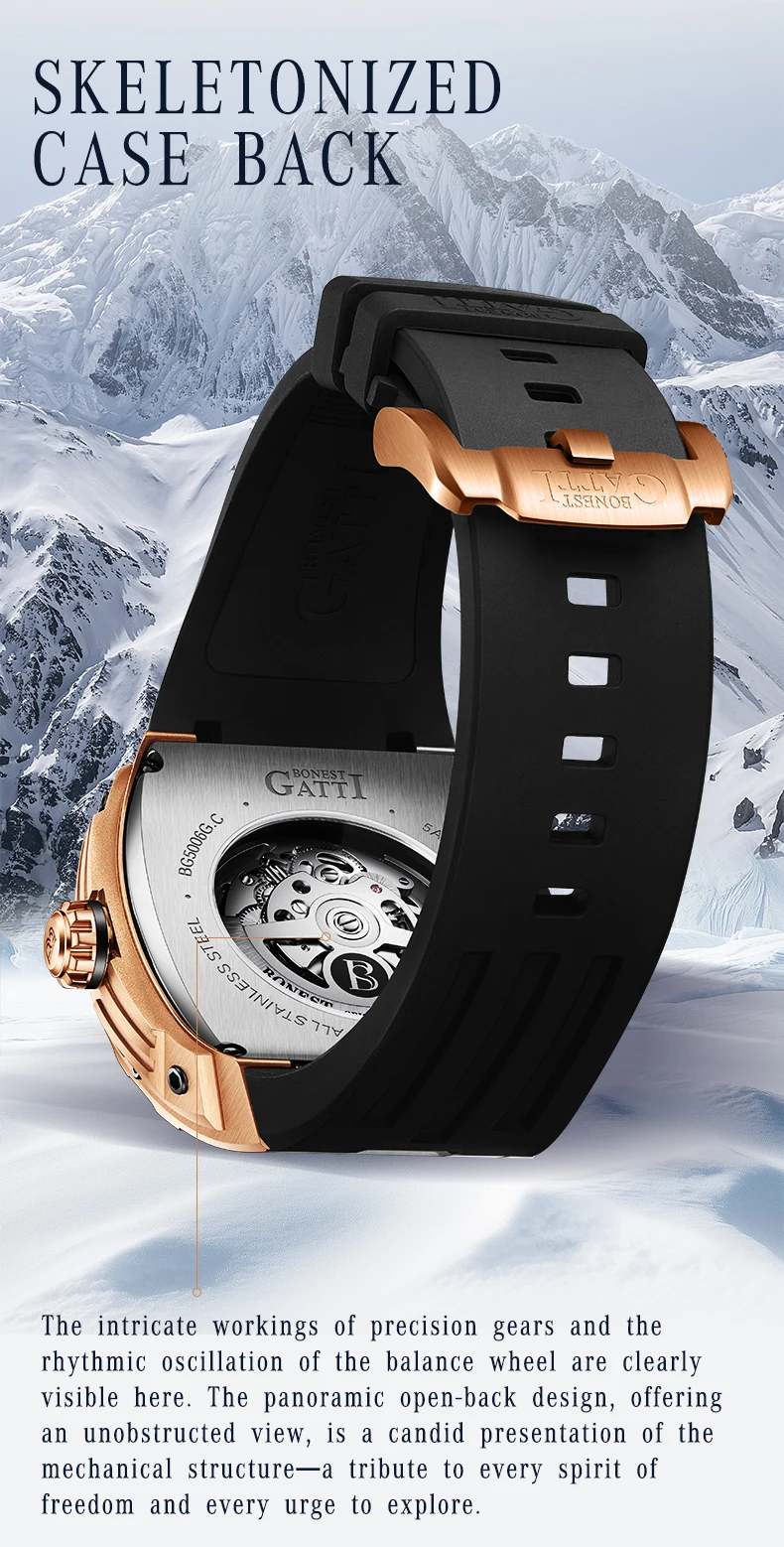 bonest gatti german automatic mechanical watch for men business fashion silicone strap luminous waterproof Skeletonized watch case back display
