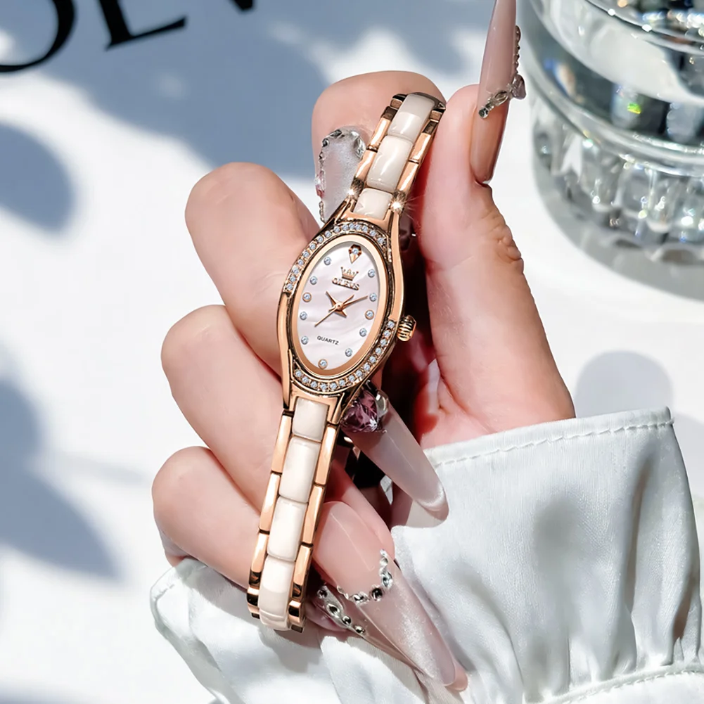 olevs brand new quartz watch for woman elegant luxury ceramics steel strap fashion oval diamond dial women's waterproof watches Elegant women's oval watch