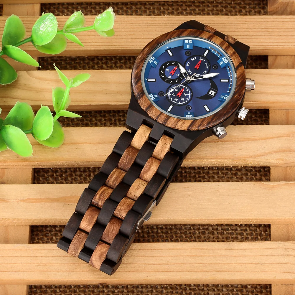 chronograph calendar round dial quartz watch for men folding clasp wooden bangle male watches vintage natural men's timepiece Wooden watch with blue dial