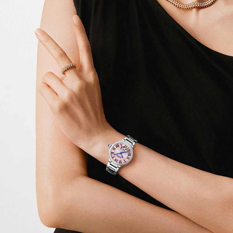 bonest gatti high quality watches women's automatic mechanical watch stainless steel round dial luminous waterproof wristwatch Silver watch on pink dial