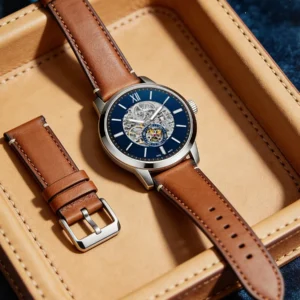 Brown leather skeleton watch