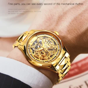 Gold skeleton mechanical watch